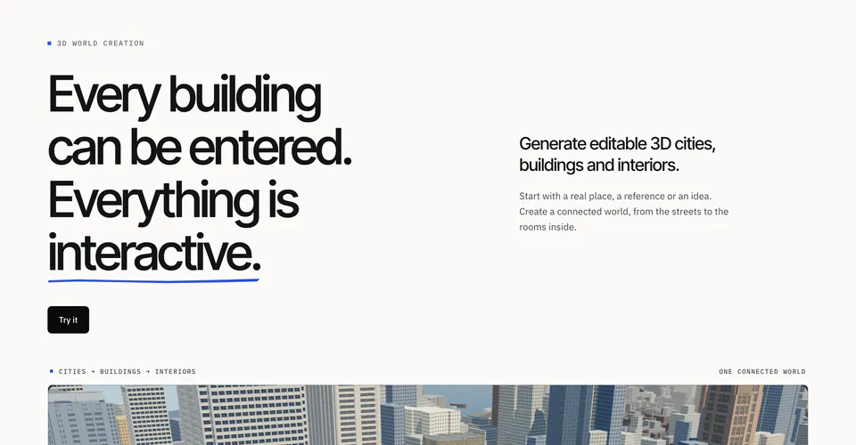 perplace.com en el navegador: “Every building can be entered. Everything is interactive.”