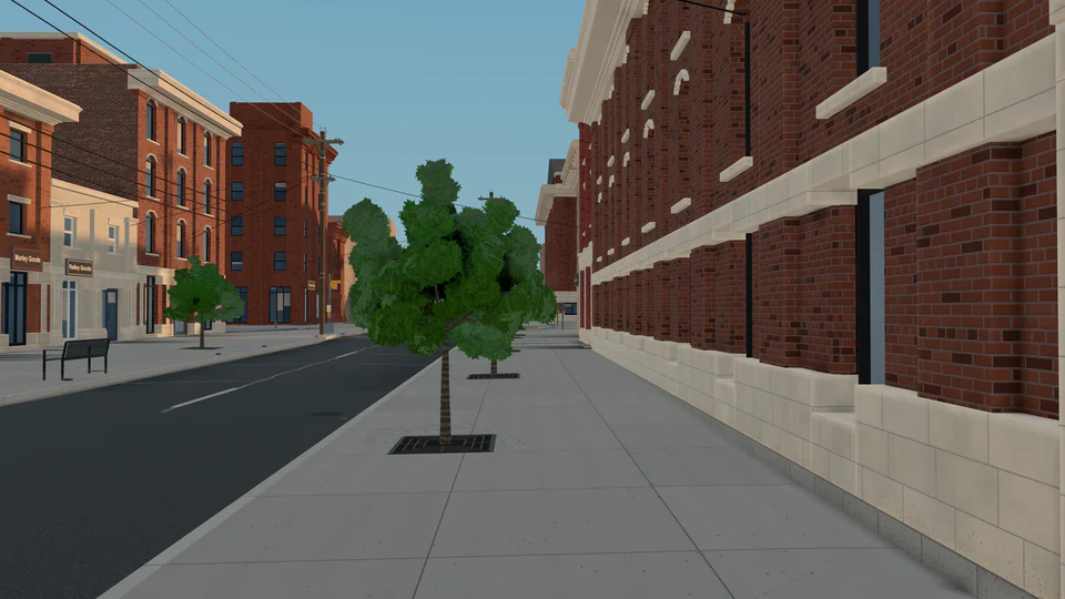 La vereda de Race Street en Perplace: un árbol en su cantero, la base de piedra y el ladrillo de la fachada, la calle que se aleja