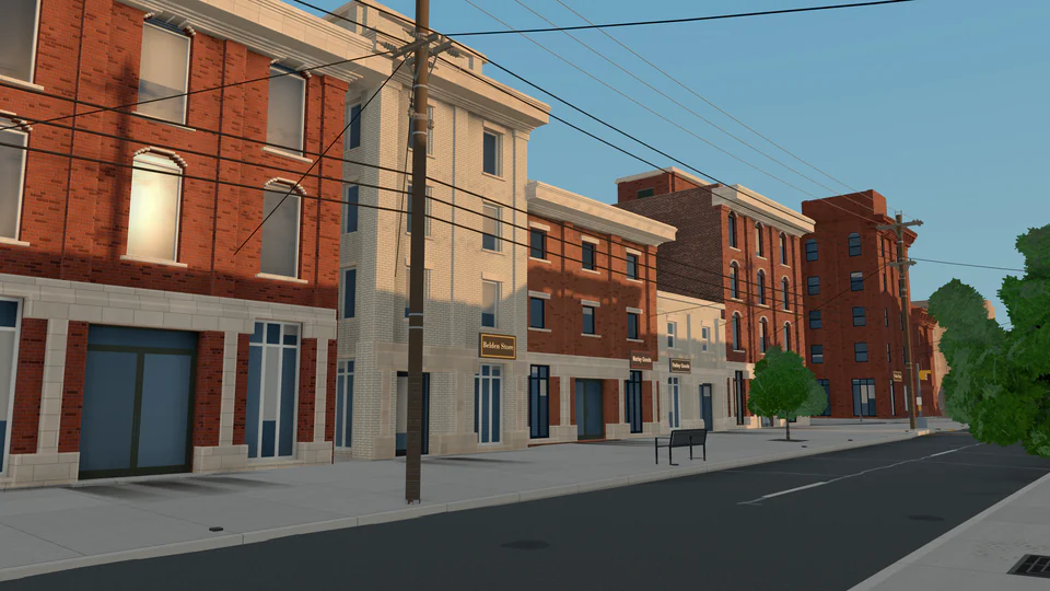 Race Street, en Cincinnati, generada por Perplace: fachadas de ladrillo con cornisas de piedra, un poste con sus cables, un banco y el cordón, con luz de la tarde