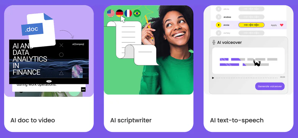 powtoon.com, la página pública de sus funciones con IA
