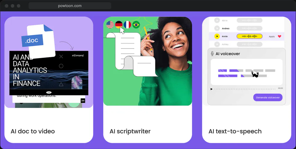 A screenshot of powtoon.com in a browser window: three cards of its AI features, doc to video, scriptwriter and text-to-speech