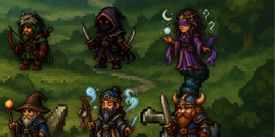 Los héroes de Valley of Guardians, pixel art