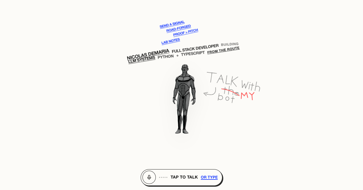 The experimental landing: tilted type on white paper and the 3D avatar